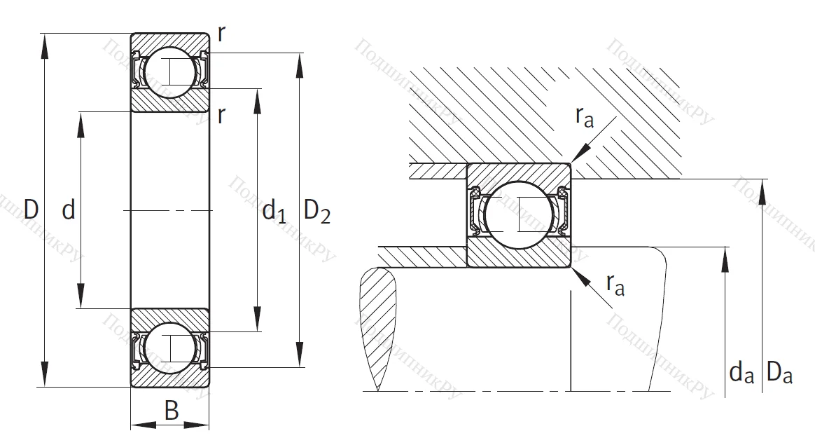 Однорядный шариковый подшипник 6304 2RSR
